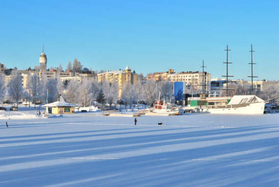 Finland. View of the town of Mikkeli and frozen lake in a sunny winter day